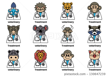 A set of cartoon animals wearing lab coats and stethoscopes A set of cartoon animals wearing lab coats and stethoscopes 130647239