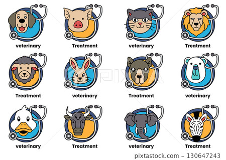 A set of animal faces with the word Veterinary on them A set of animal faces with the word Veterinary on them 130647243