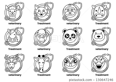 A collection of animal faces with the word Veterinary written below them A collection of animal faces with the word Veterinary written below them 130647246