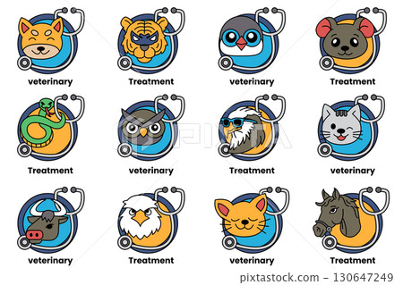 A set of twelve animal faces with a stethoscope on them 130647249