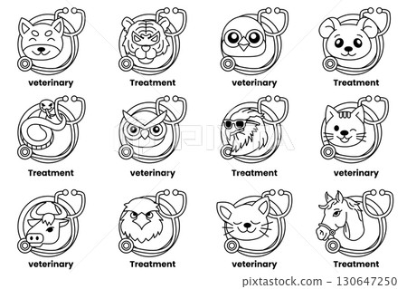 A set of twelve animal faces with a stethoscope on them 130647250