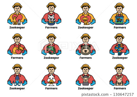 A series of cartoon characters are holding animals and wearing hats A series of cartoon characters are holding animals and wearing hats 130647257