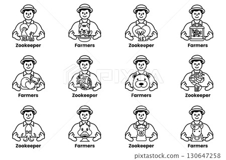 A series of cartoon characters are holding animals and wearing hats 130647258