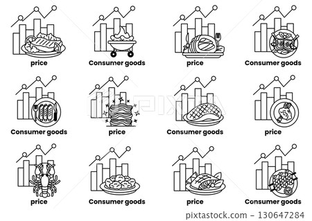 The image is a collection of different food items, each with a price tag The image is a collection of different food items, each with a price tag 130647284