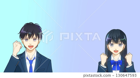 Anime-style illustration of high school or junior high school boys and girls, gradient background, copy space available 130647593