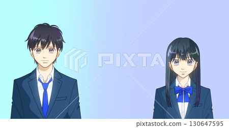 Anime-style illustration of high school or junior high school boys and girls, gradient background, copy space available Anime-style illustration of high school or junior high school boys and girls, gradient background, copy space available 130647595