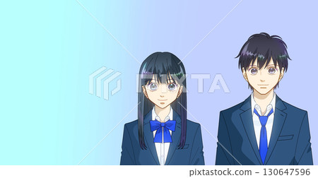 Anime-style illustration of high school or junior high school boys and girls, gradient background, copy space available Anime-style illustration of high school or junior high school boys and girls, gradient background, copy space available 130647596