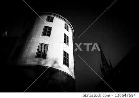 Black and white towers and church steeples 130647684