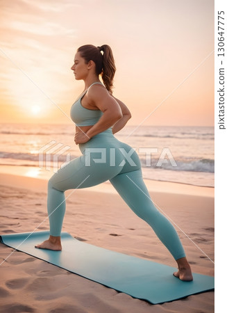 Curvy woman practicing warrior yoga pose on beach at sunrise. body positivity, and lifestyle projects. 130647775