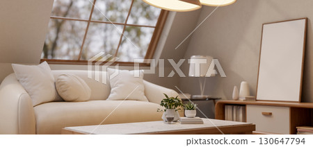Fabric sofa with cushion and table under warm lamp light in living room or study room. Cosy Interior Fabric sofa with cushion and table under warm lamp light in living room or study room. Cosy Interior 130647794