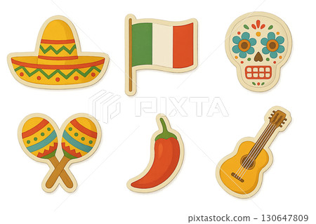 Day of the dead icon set with sombrero, flag, and skull on transparent background Day of the dead icon set with sombrero, flag, and skull on transparent background 130647809