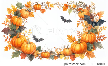 水彩風格的萬聖節框架,有南瓜、秋葉和蝙蝠 水彩風格的萬聖節框架,有南瓜、秋葉和蝙蝠 130648001