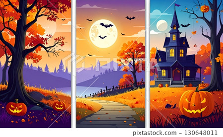 Halloween haunted house with pumpkins and full moon 130648011