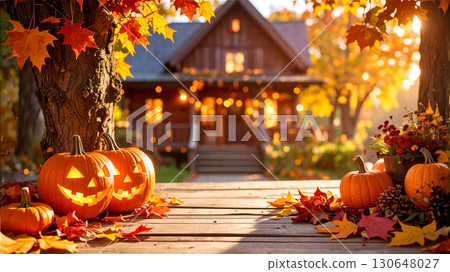 橙色南瓜燈和秋葉 130648027