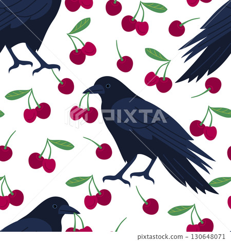 Vector seamless pattern with crows and cherries Vector seamless pattern with crows and cherries 130648071