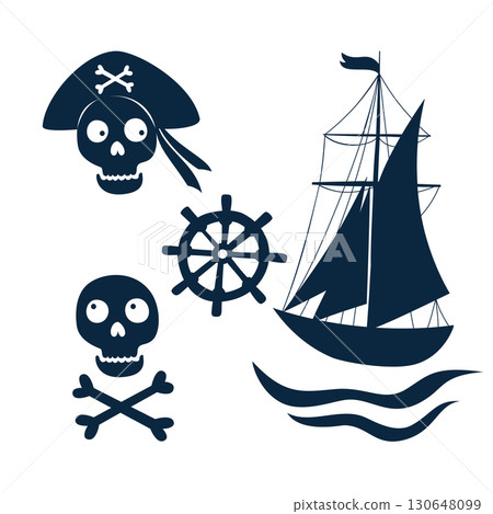 Vector set of illustrations with skeleton pirates and a pirate ship Vector set of illustrations with skeleton pirates and a pirate ship 130648099