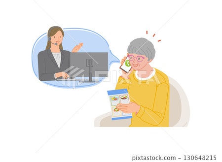 A smiling senior woman calling a meal kit delivery service call center on her smartphone 130648215