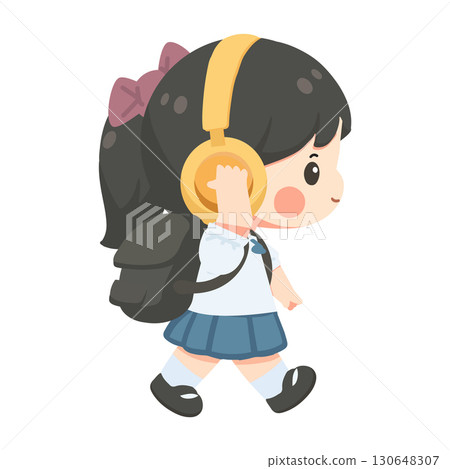 Cartoon Schoolgirl Walking with Headphones Cartoon Schoolgirl Walking with Headphones 130648307