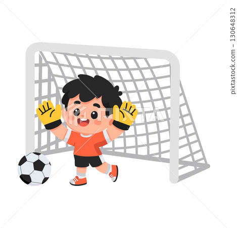 Cartoon Goalie with Ball and Goal Cartoon Goalie with Ball and Goal 130648312