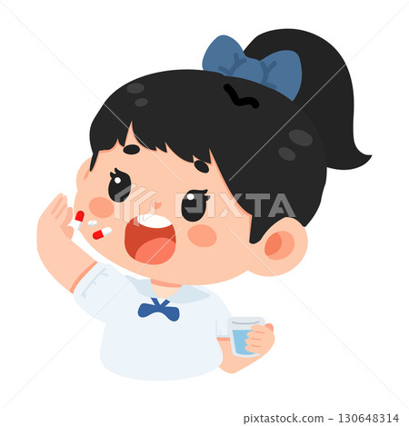 Illustration of Girl Taking Pills With Water 130648314