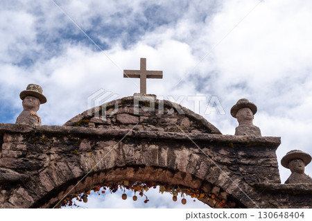 Catholic arch in a village on Taquile Island, Lake Titicaca, Peru 130648404