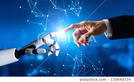 Businessman reaching out to robot hand in digital future 130648534