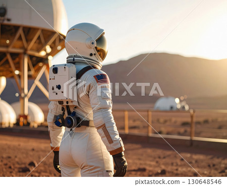 Astronaut watching Mars base structures at morning sunrise 130648546