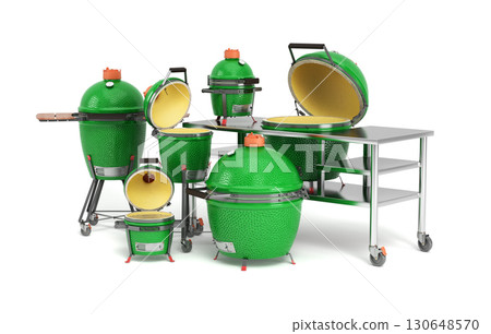 Set of barbecue green color BBQ grill with lid  for outdoor prepare meat food 3d illustration on white 130648570