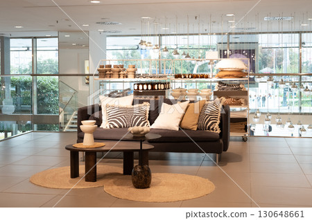 Modern living room with zebra print cushions and contemporary decor 130648661