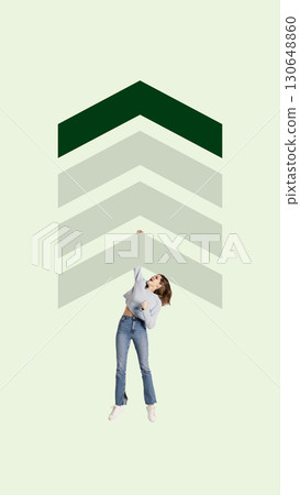 Graphic composition. Woman pushing green arrow stripes upward with motivated face Graphic composition. Woman pushing green arrow stripes upward with motivated face 130648860