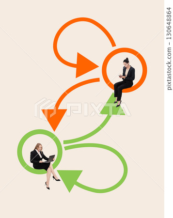 Creative collage. Two businesswomen sitting on colorful arrows with laptops and focus 130648864