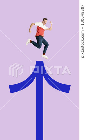 Colorful collage. Man jumping on blue upward arrow with victorious expression 130648887