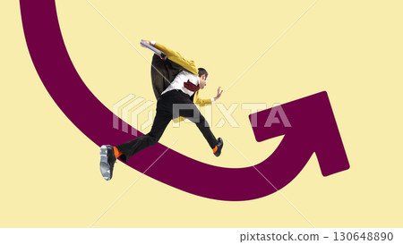 Creative collage. Businessman jumping on upward maroon arrow with energetic motion 130648890