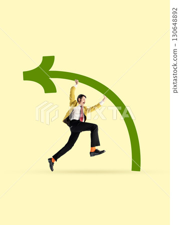 Contemporary collage. Businessman hanging on green arrow curve with anxious emotion Contemporary collage. Businessman hanging on green arrow curve with anxious emotion 130648892