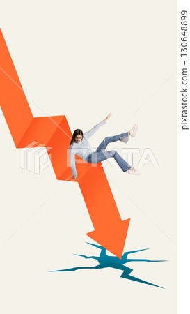 Creative digital artwork. Woman falling down orange arrow with shocked expression 130648899