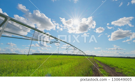 A Vibrant Irrigation System Nurturing a Flourishing Green Field Beneath a Bright Blue Sky 130649005