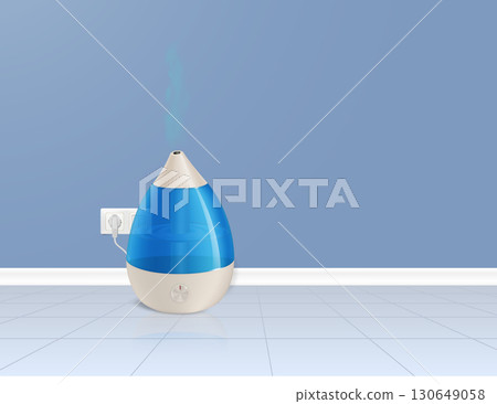 Realistic air humidifier with transparent tank. Indoor appliance casting shadow and reflection on clean floor. 130649058