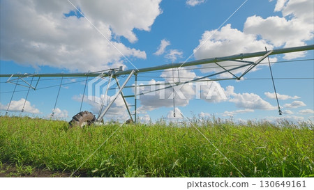 Efficient Irrigation System in Agricultural Field Under Beautiful Blue Sky with Clouds Above Efficient Irrigation System in Agricultural Field Under Beautiful Blue Sky with Clouds Above 130649161