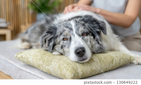 Dog lies comfortably on a heated massage bed, receiving a relaxing massage in a serene spa environment 130649222