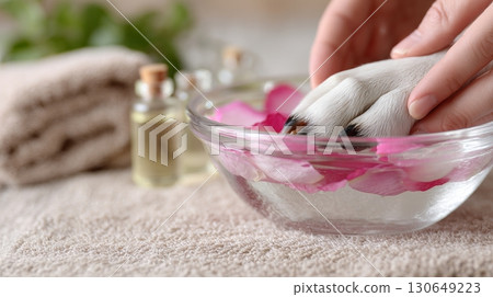 A dog receives a relaxing paw soak in rose petals while enjoying a luxury spa treatment 130649223