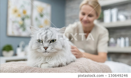 A fluffy white cat relaxes on a cozy surface as a pet spa expert provides soothing treatment 130649246