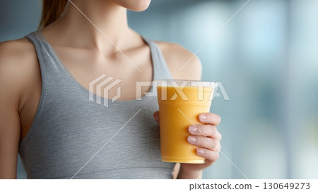Athletic woman holds a pumpkin smoothie, highlighting a nutritious superfood choice during a workout session 130649273