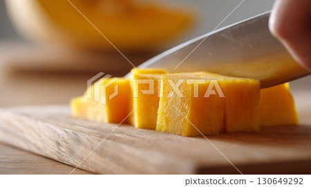 A hand skillfully cuts raw pumpkin into cubes on a wooden cutting board in a well-lit kitchen area 130649292