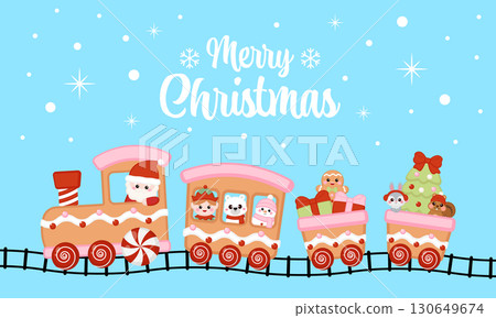 Cute Christmas train Santa Claus and friends greeting banner 130649674