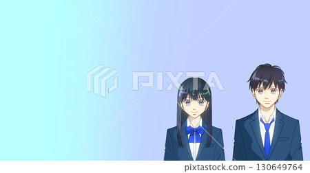高中或初中男孩和女孩的動漫風格插圖,漸變背景,有可用的複製空間 高中或初中男孩和女孩的動漫風格插圖,漸變背景,有可用的複製空間 130649764