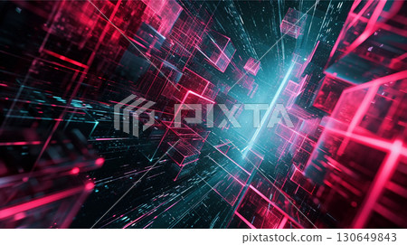An abstract background with lights. Neon purple squares background. Futuristic grey and purple digital background. Glowing cubicles in grey and pink 130649843