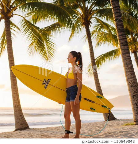 Healthy young woman in bikini walking with surfboard on the beach on a summer sunset Healthy young woman in bikini walking with surfboard on the beach on a summer sunset 130649848