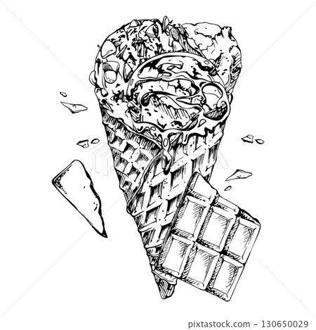 Scoop of sorbet gelato ice cream in waffle cone sprinkled with chocolate syrup, chips topping. graphic illustration hand drawn in vector ink. Ice cream label, handmade packaging, sweet journal insert Scoop of sorbet gelato ice cream in waffle cone sprinkled with chocolate syrup, chips topping. graphic illustration hand drawn in vector ink. Ice cream label, handmade packaging, sweet journal insert 130650029