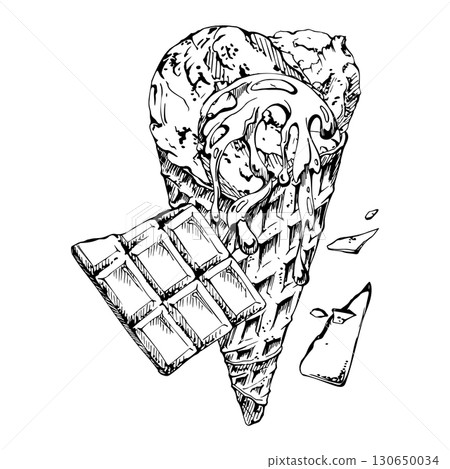 Sorbet gelato ice cream scoop with chocolate chips and syrup drizzle in crisp waffle cone. Vector graphic illustration hand drawn in pen and ink. Dessert wrap, gelateria branding, summer fair flyer Sorbet gelato ice cream scoop with chocolate chips and syrup drizzle in crisp waffle cone. Vector graphic illustration hand drawn in pen and ink. Dessert wrap, gelateria branding, summer fair flyer 130650034