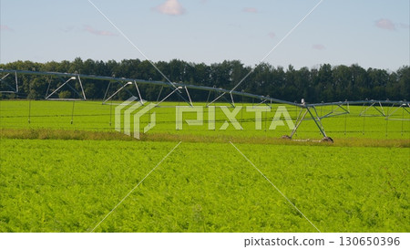 Irrigation Equipment Used in a Beautiful Lush Agricultural Field for Effective Farming Irrigation Equipment Used in a Beautiful Lush Agricultural Field for Effective Farming 130650396
